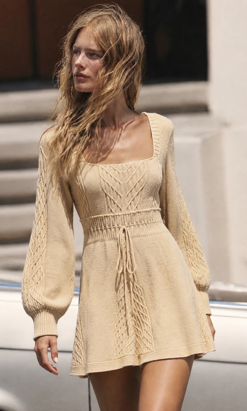 Free People Emmaline Cable Knit Mini Sweater Dress Butter Yellow Large